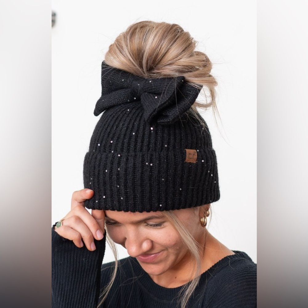 CC Boutique Black Knit Beanie with Bow